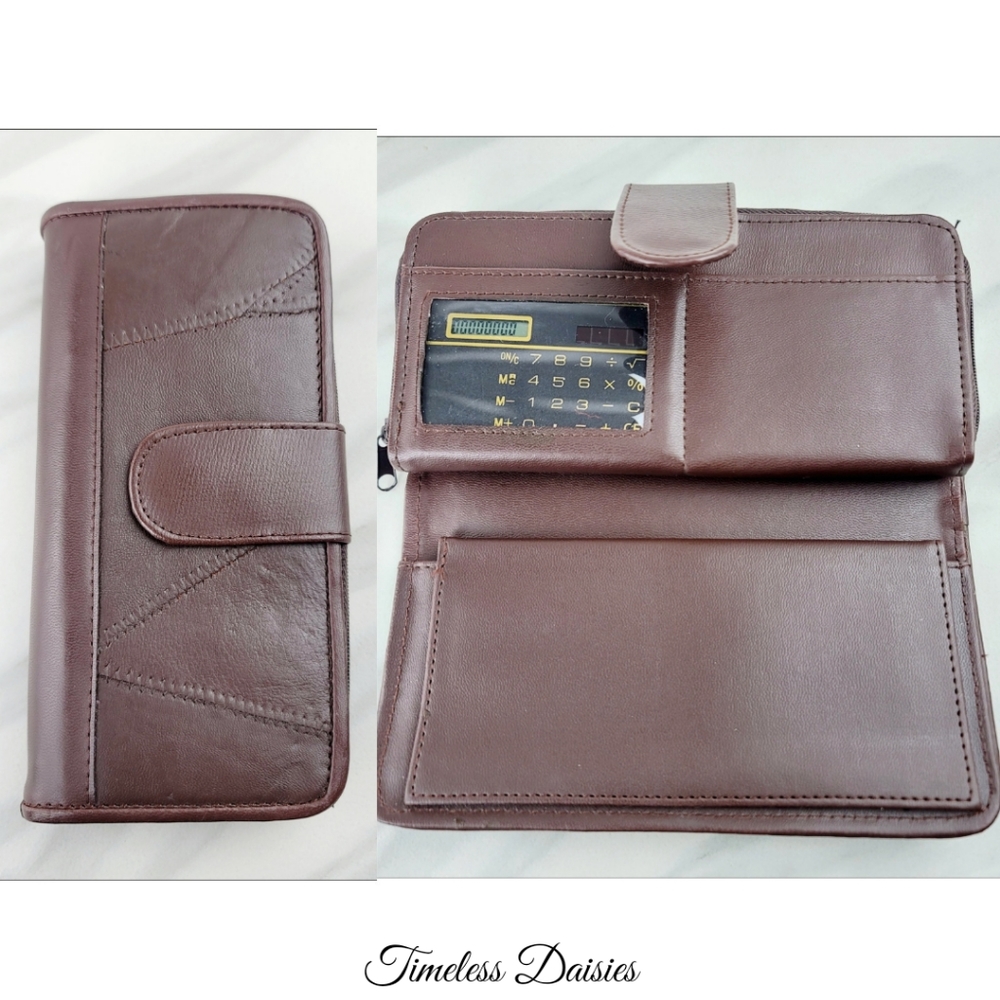 Lambskin Calculator Checkbook Leather Brown Wallet Mahogany Western Bag Vintage